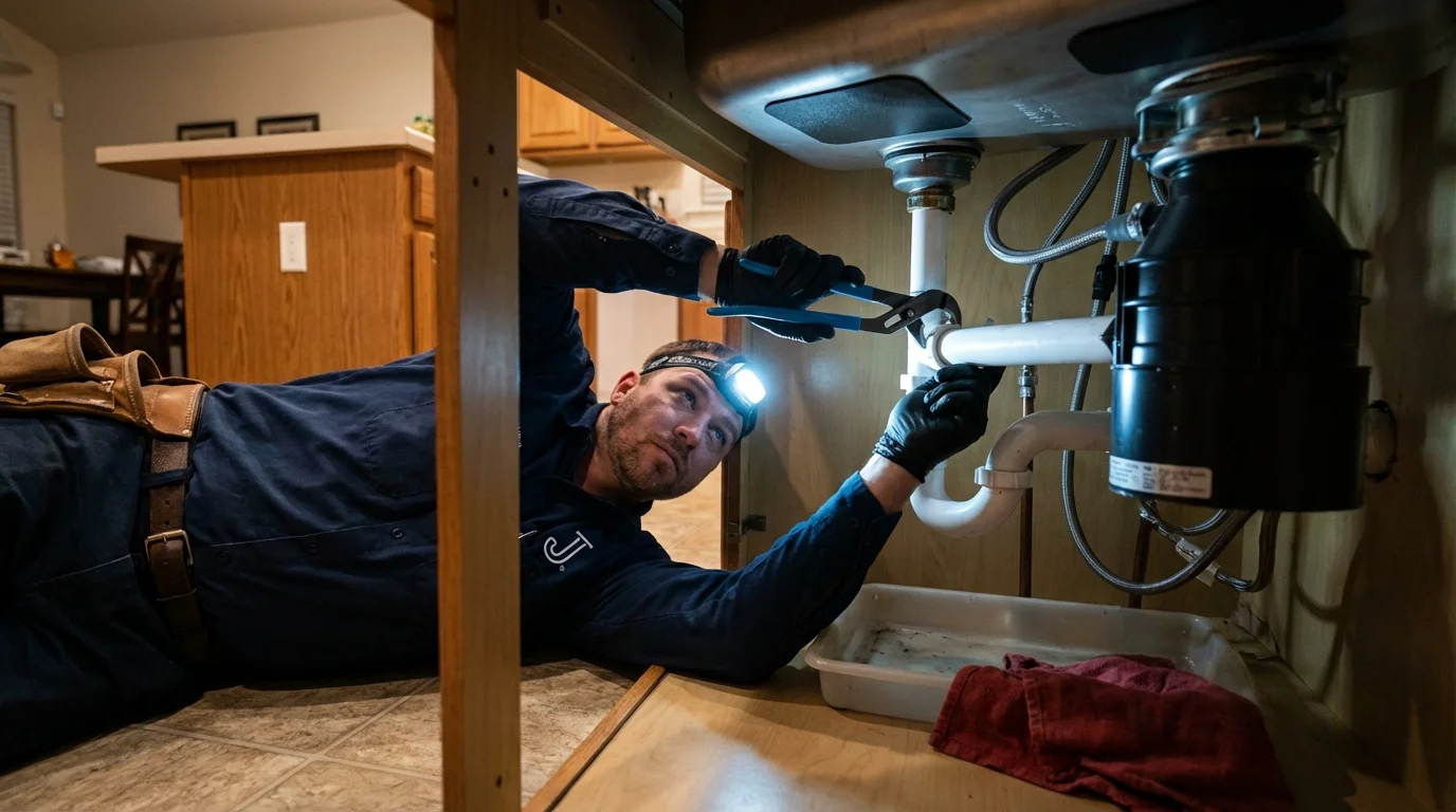 P-trap and supply line connections under a kitchen sink showing a common leak point in Hanover, VA